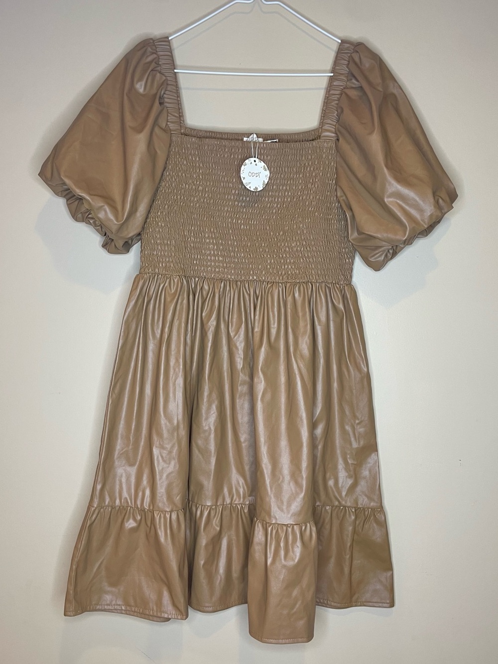 ODDY The Wren Faux Leather Square Neck Puff Sleeve Mini Dress